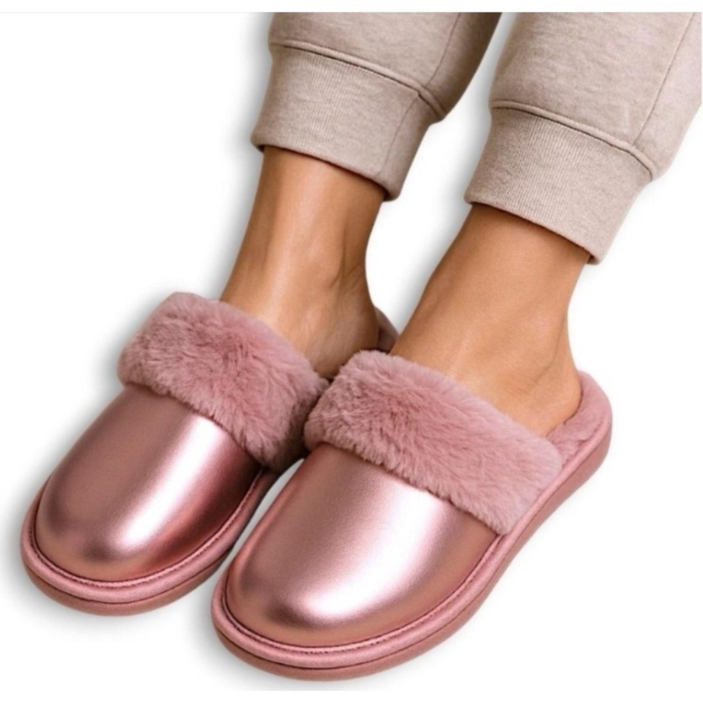 Auden Metallic Faux Leather‎ Slippers Rose Gold Plush Fur Trim Size M 7/8 NWT
